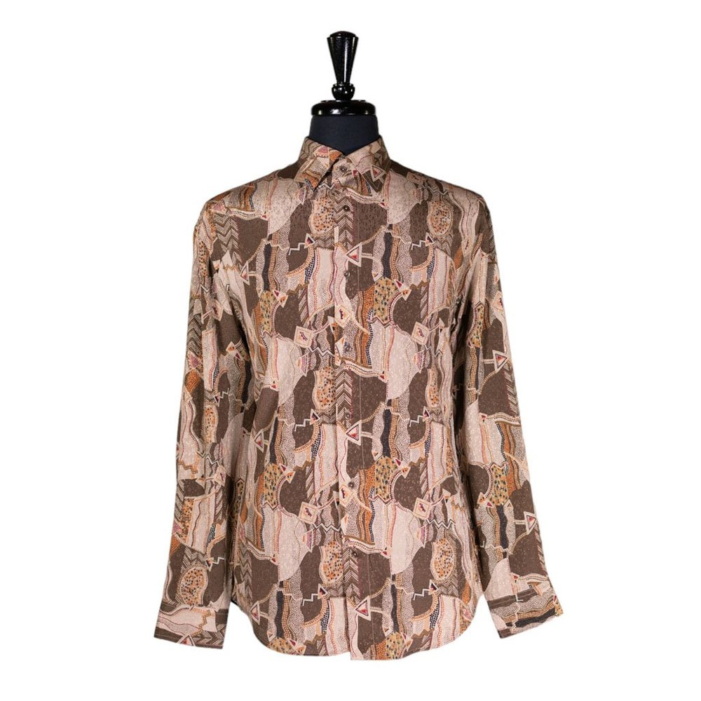 Mens Shirt Button Up Beige Abstract Silk Luxury Designer Dress Casual Large